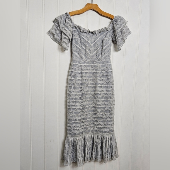 ASOS Lace Dress Off Shoulder Pencil Midi Form Fitting Ruffle Thin Straps Size 4 - Picture 2 of 10